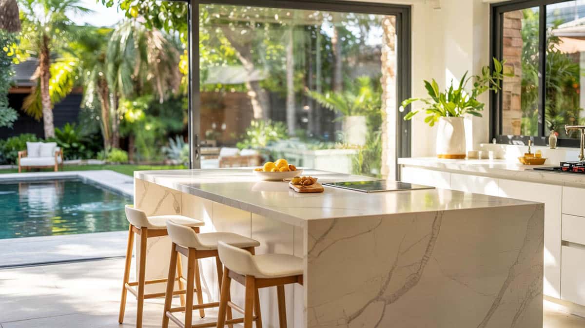 Beautiful contemporary kitchen open to swimming pool with quartz surfaces and low back bar stools
