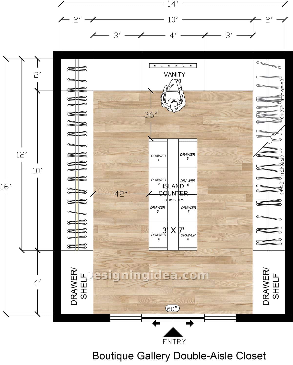 14×16 Double-Aisle Closet Layout With A Drawer Island