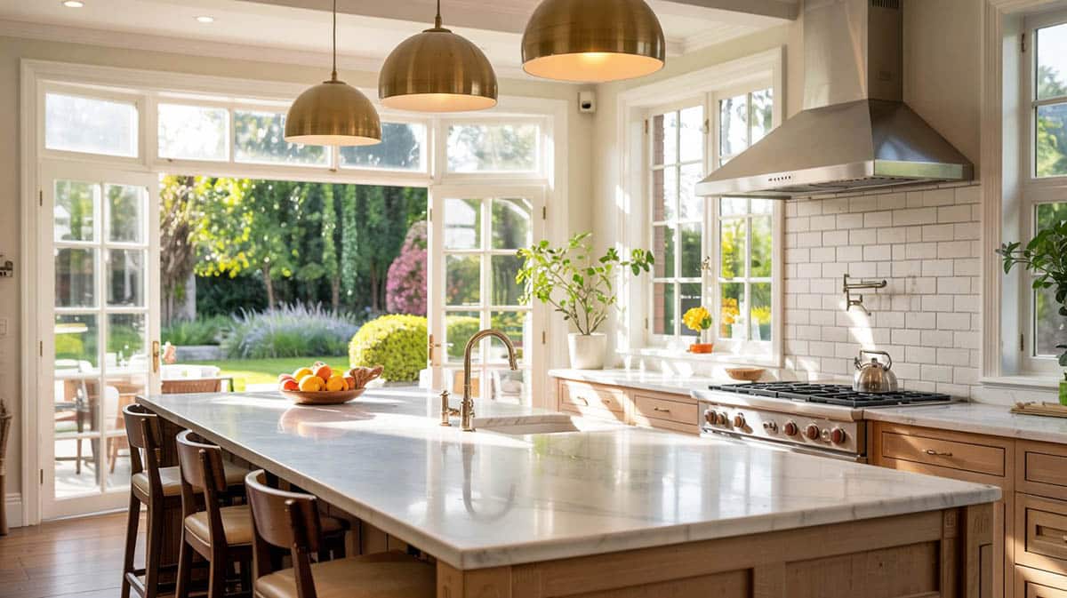 Bright and spacious luxe kitchen with white marble countertops, light wood cabinets and subway tile backsplash