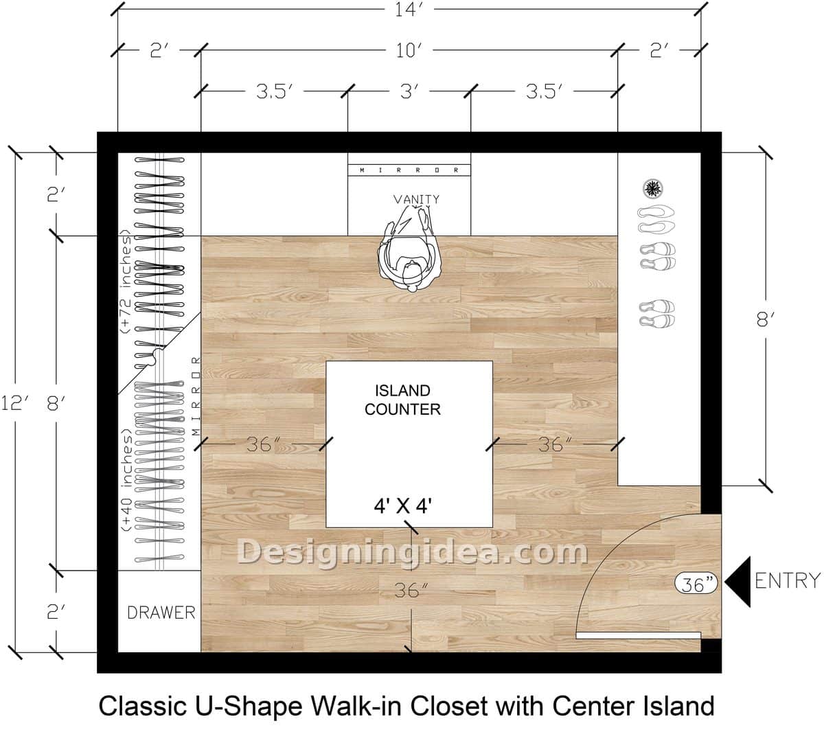14×12 U-Shape Closet Floor Plan With A Square Island
