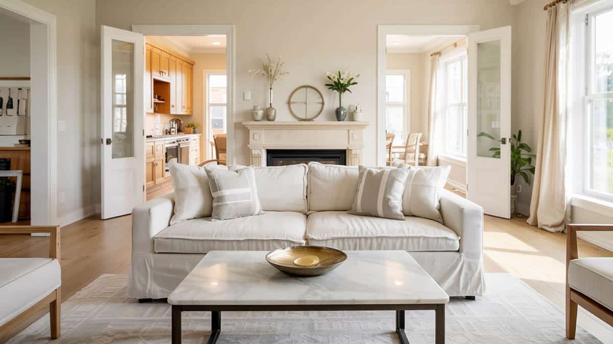 closed living space with kitchen and dining room behind double doors