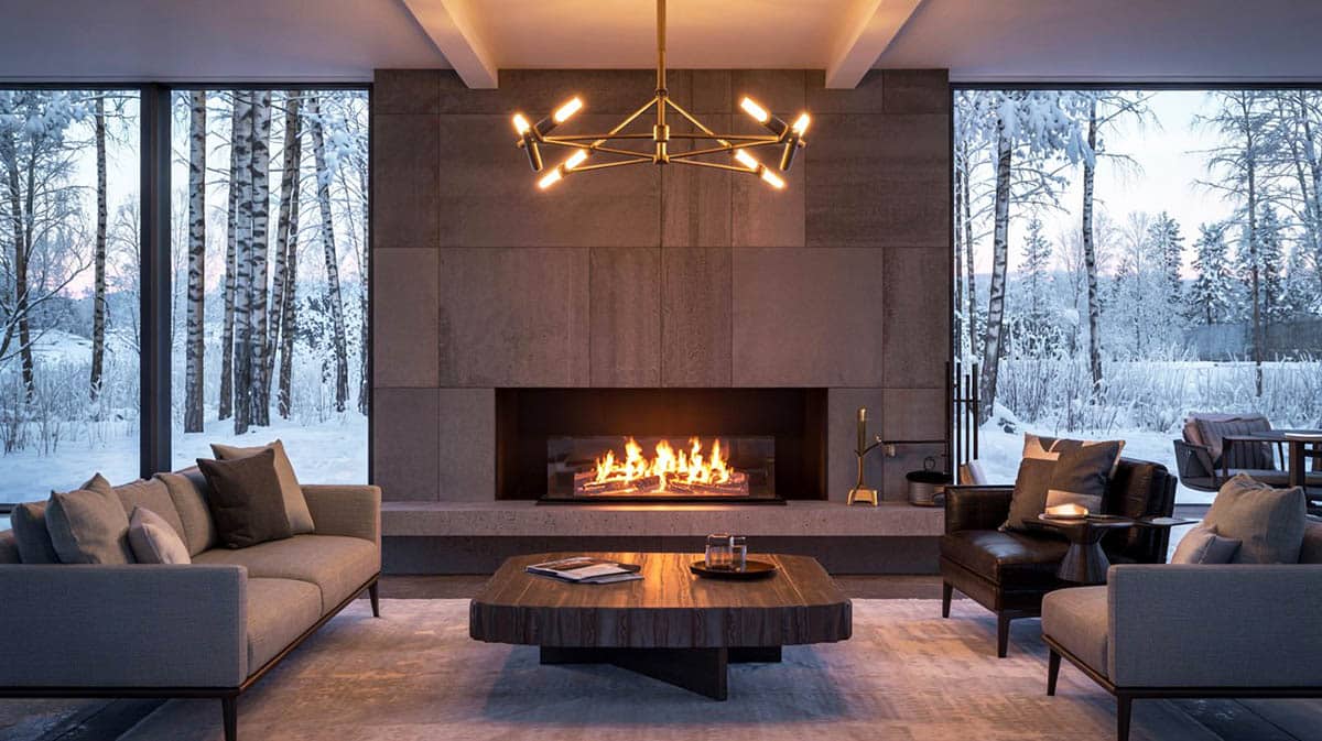 Modern room with feature fireplace with stone face, and geometric chandelier