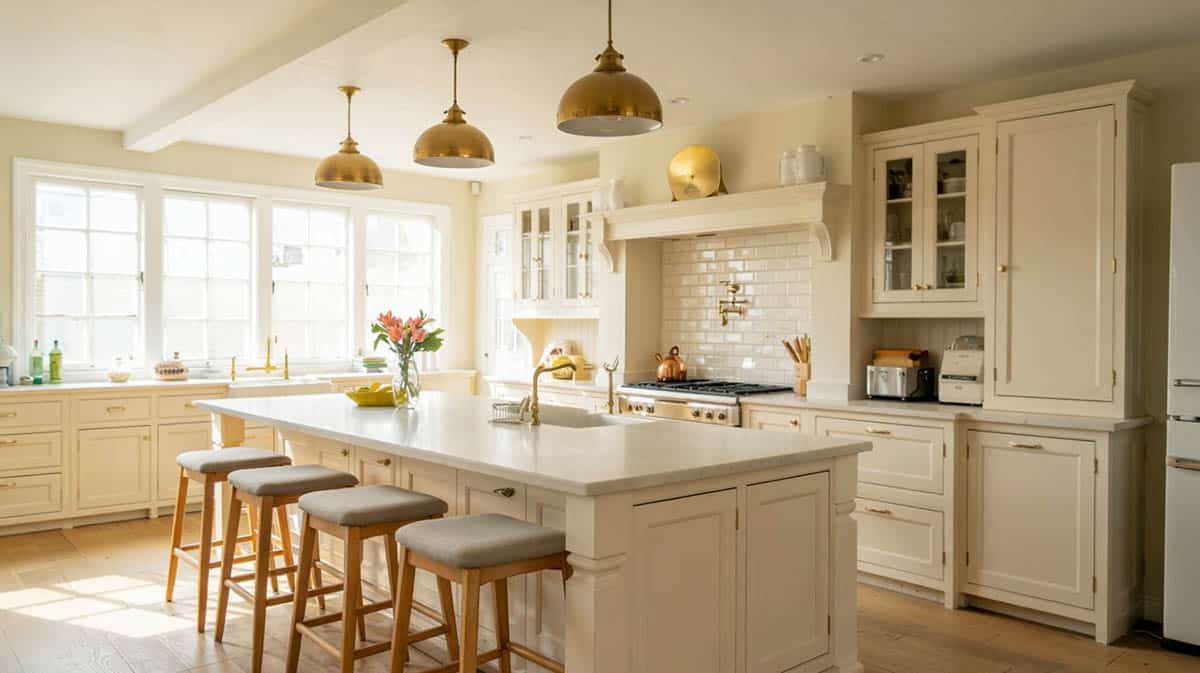 Farmhouse kitchen with standard white cabinets
