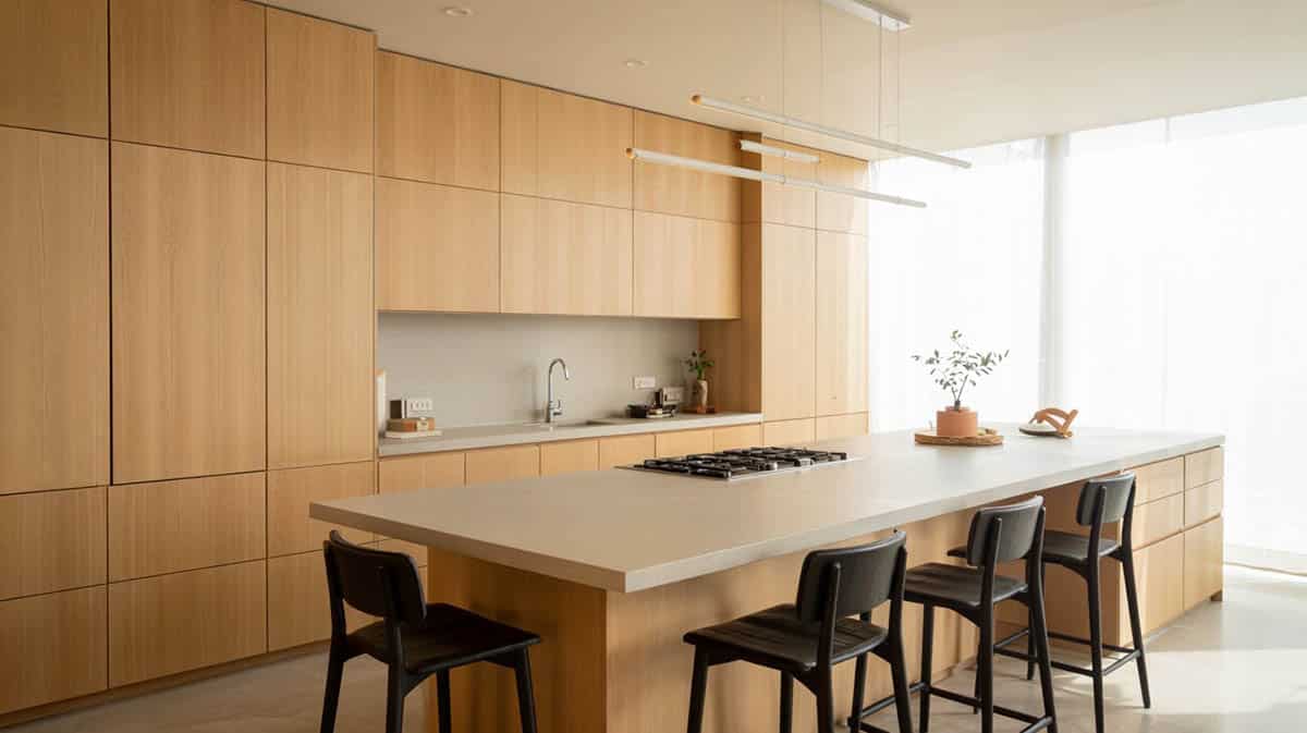 Modern kitchen with wood veneer full-height cabinets and long island with bar stools