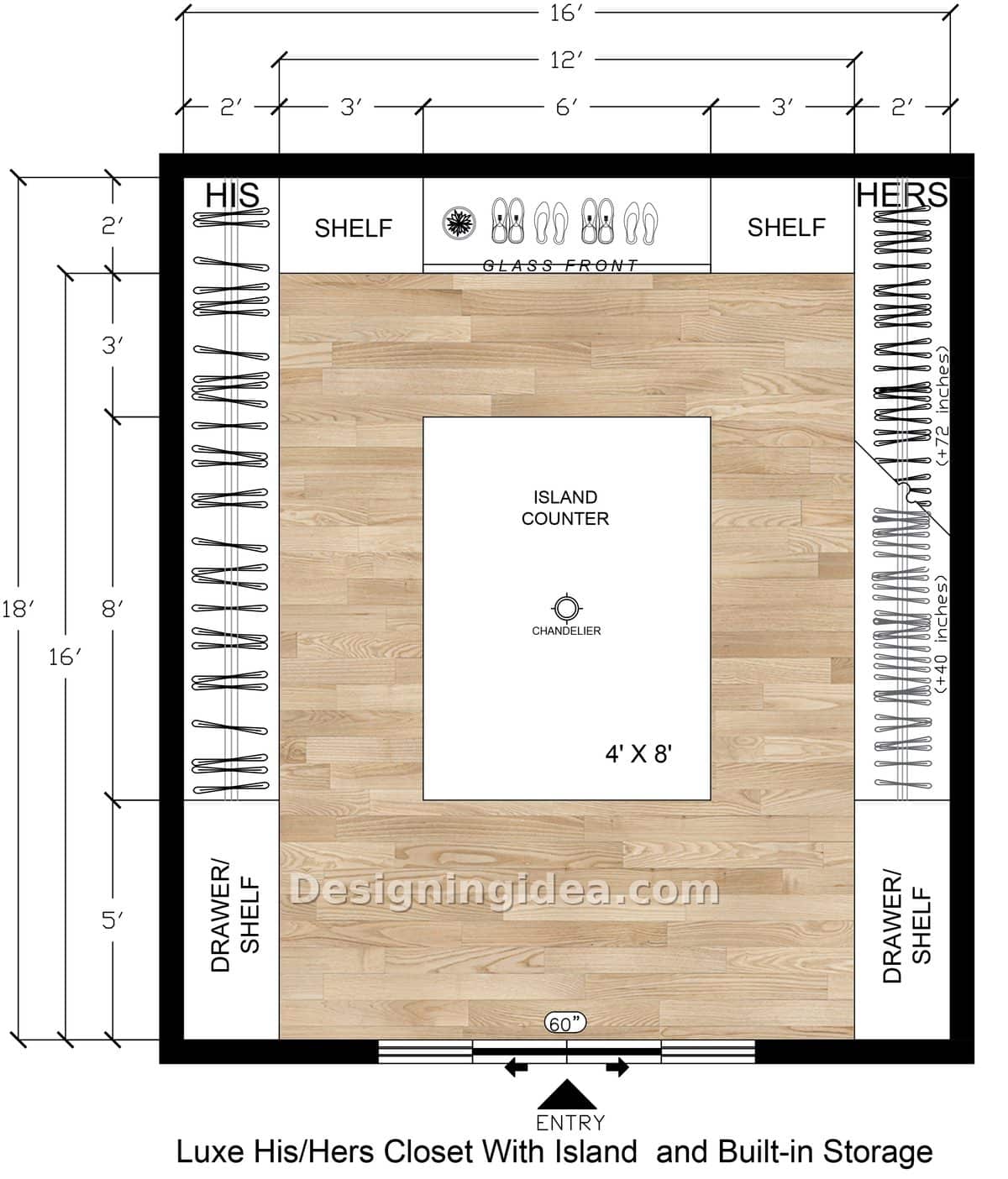 16×18 Luxe His And Hers Closet Floor Plan With A Chandelier Island