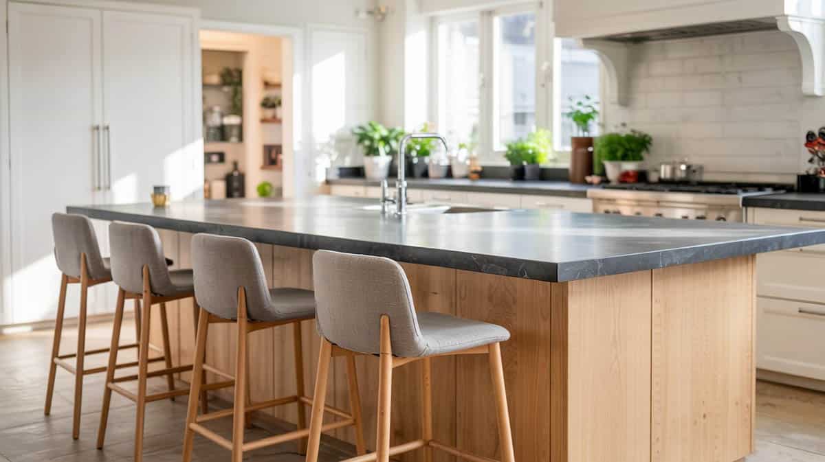 Modern kitchen with dark quartz countertops and light wood island and white main cabinets