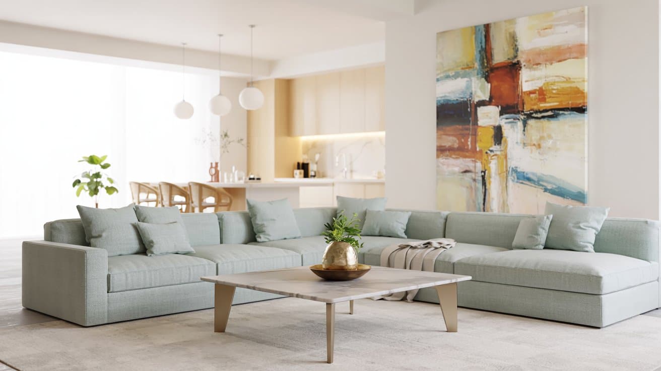 Open room with sectional sofa and kitchen in the background