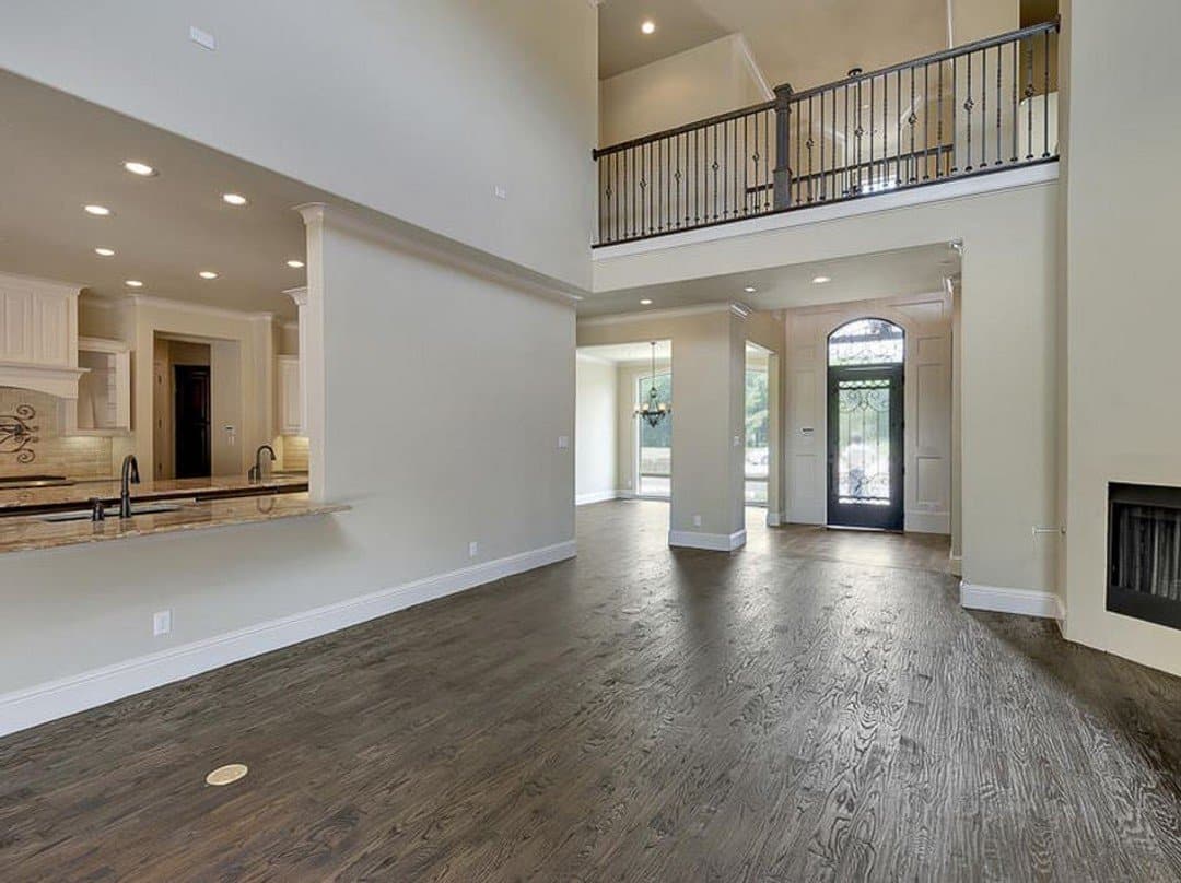 Living area with pass-through window to kitchen