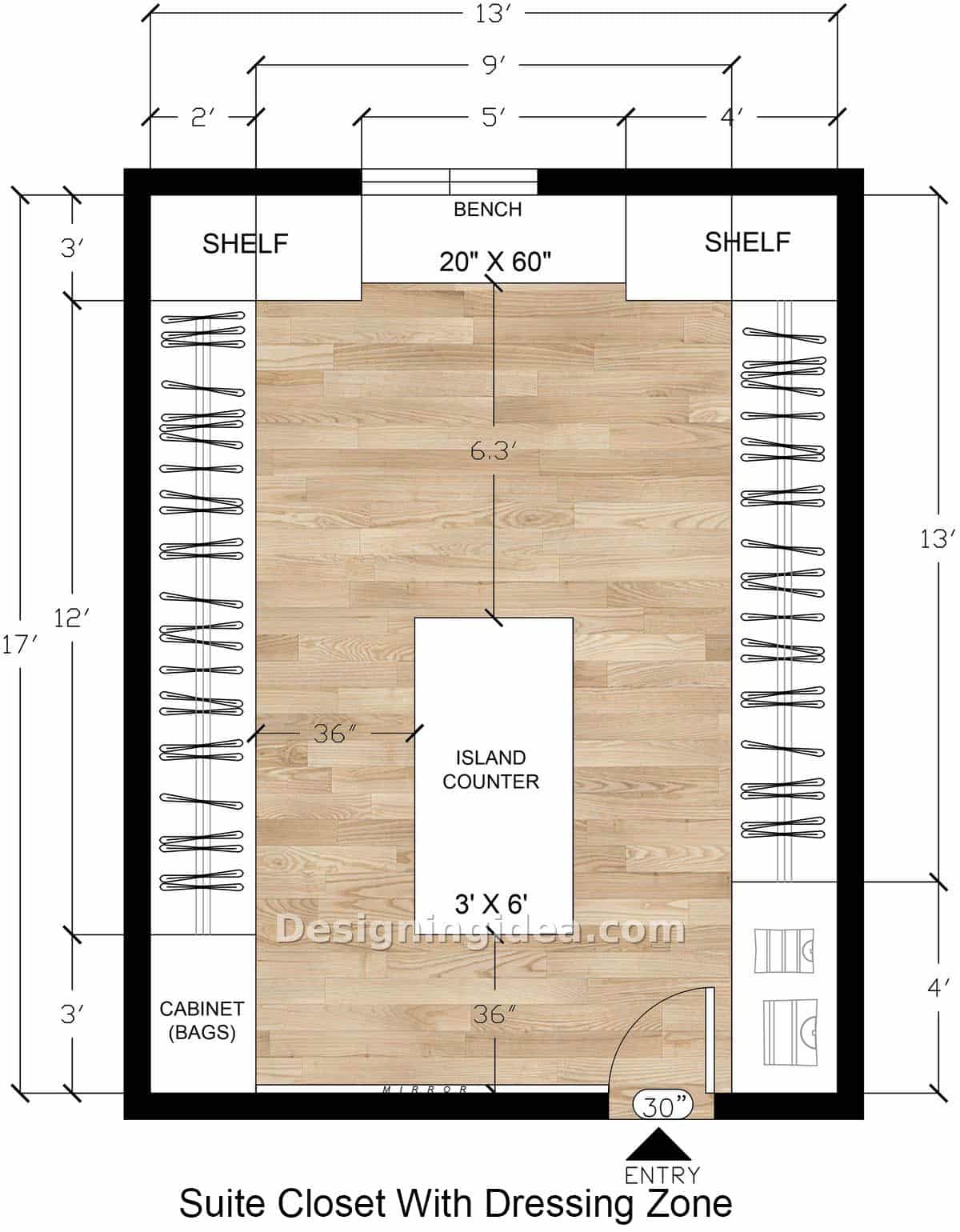 13×17 Long Closet Design With A Window Bench