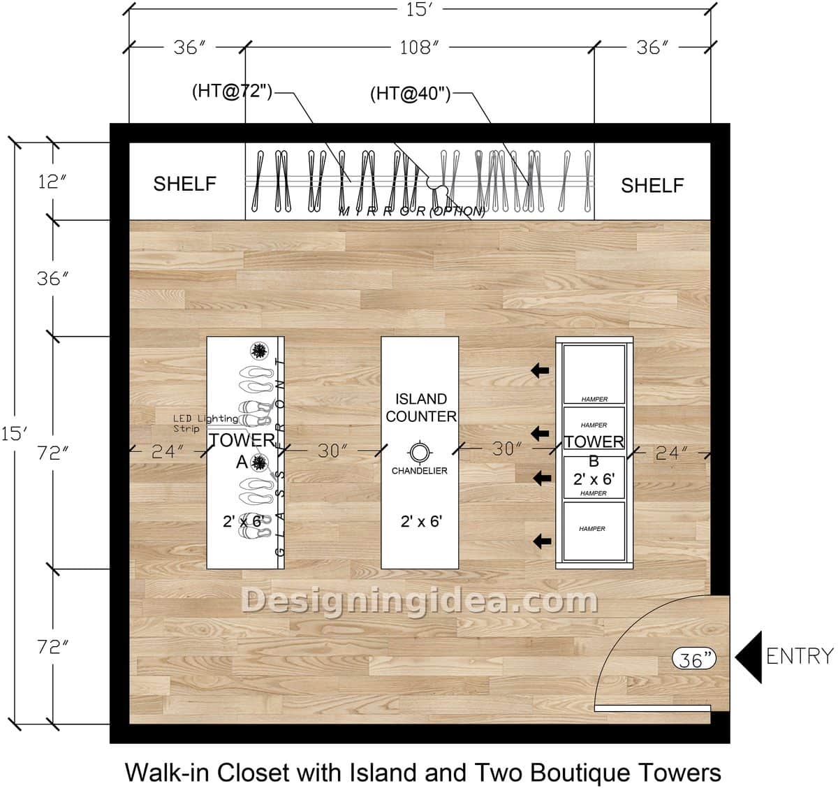 15×15 Square Closet Layout Ideas With Twin Storage Towers