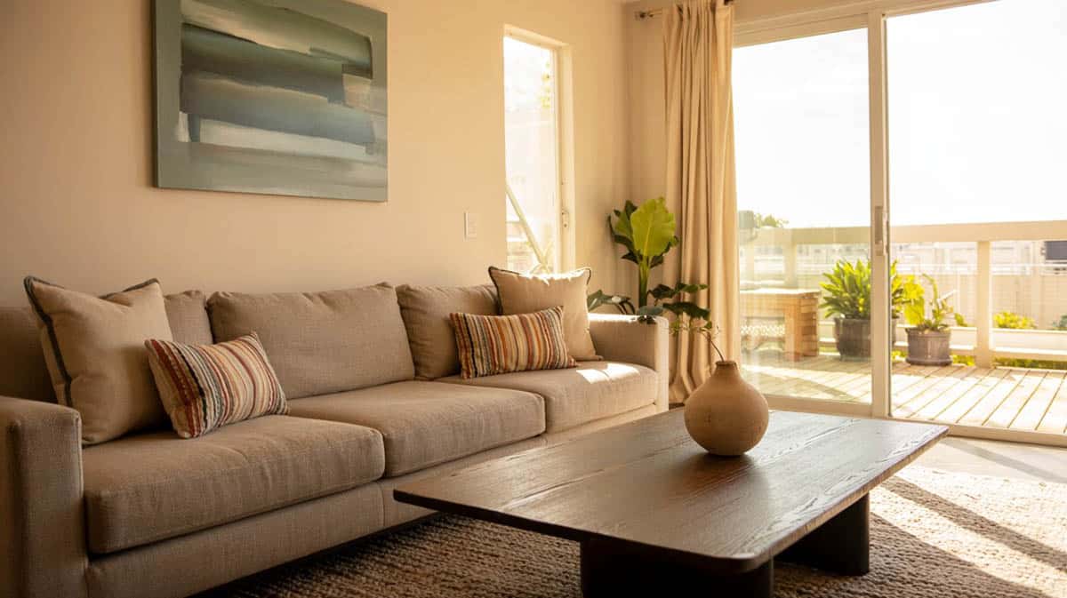 Wall hugging sofa layout in living area with slider to deck