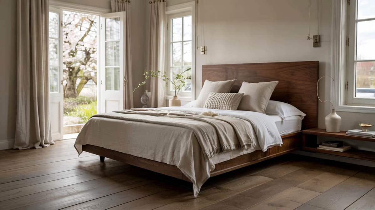 Beautiful bedroom with bed against the wall and French doors
