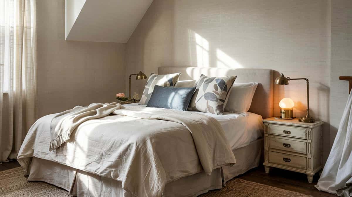 Bed placed against corner of bedroom