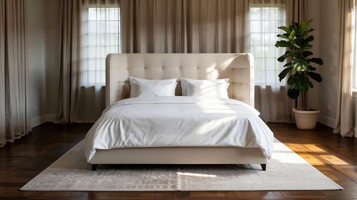 Bedroom with floating bed away from the wall