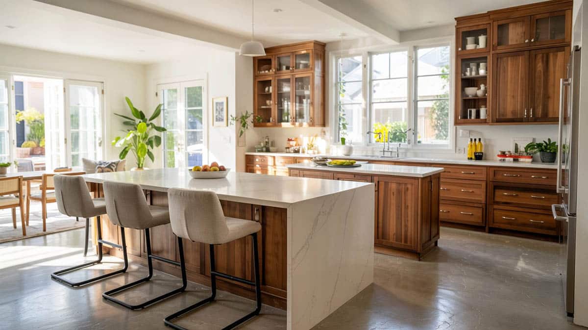 Contemporary kitchen with two contrasting islands