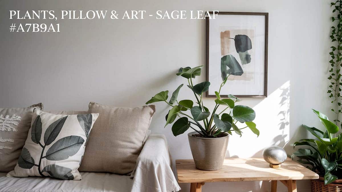 Plants, pillows and art in sage green