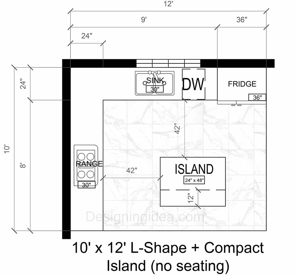 10x12 L-Shape Kitchen Layout With Compact Island