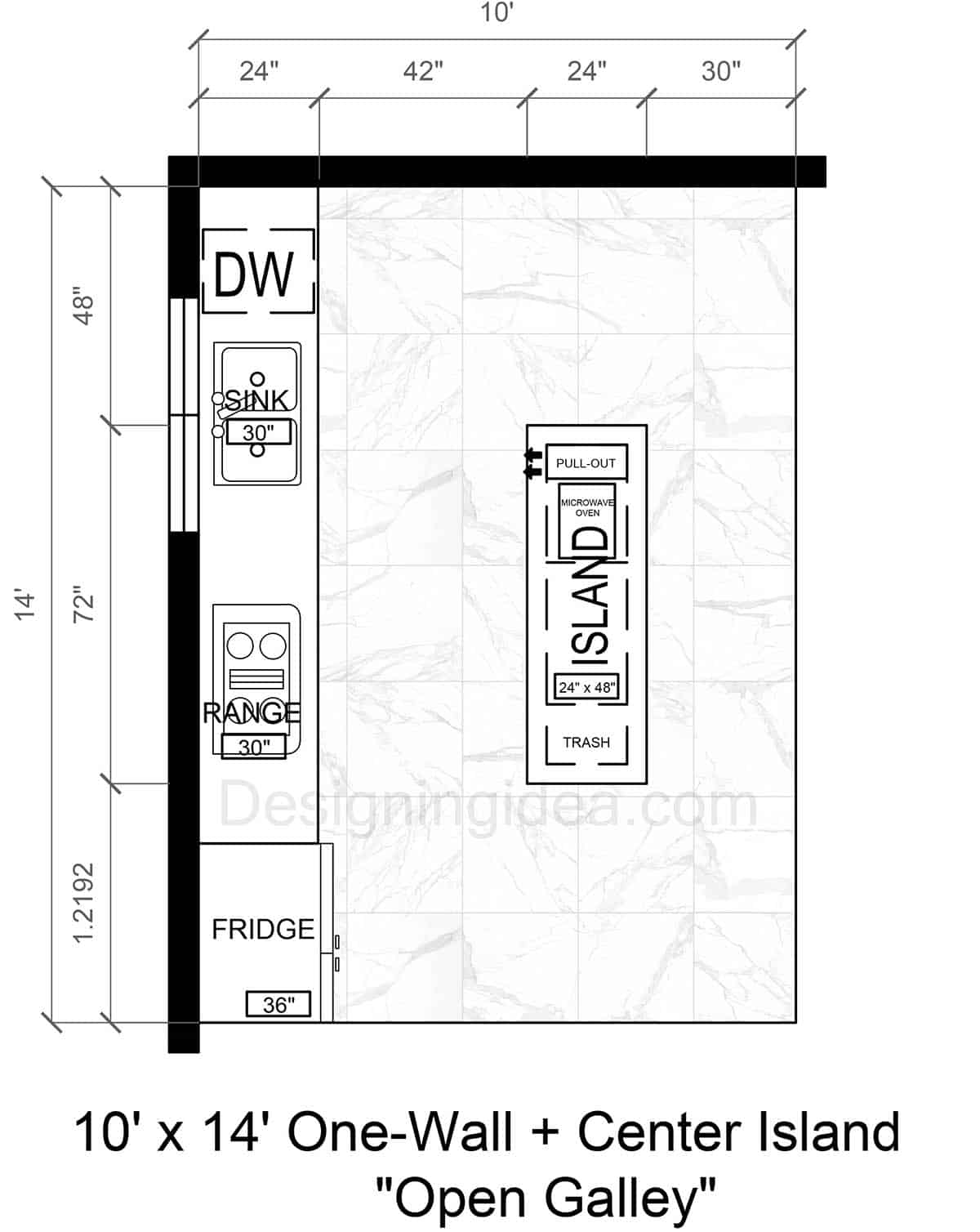 10x14 One-Wall Open Galley Kitchen With Center Island Design