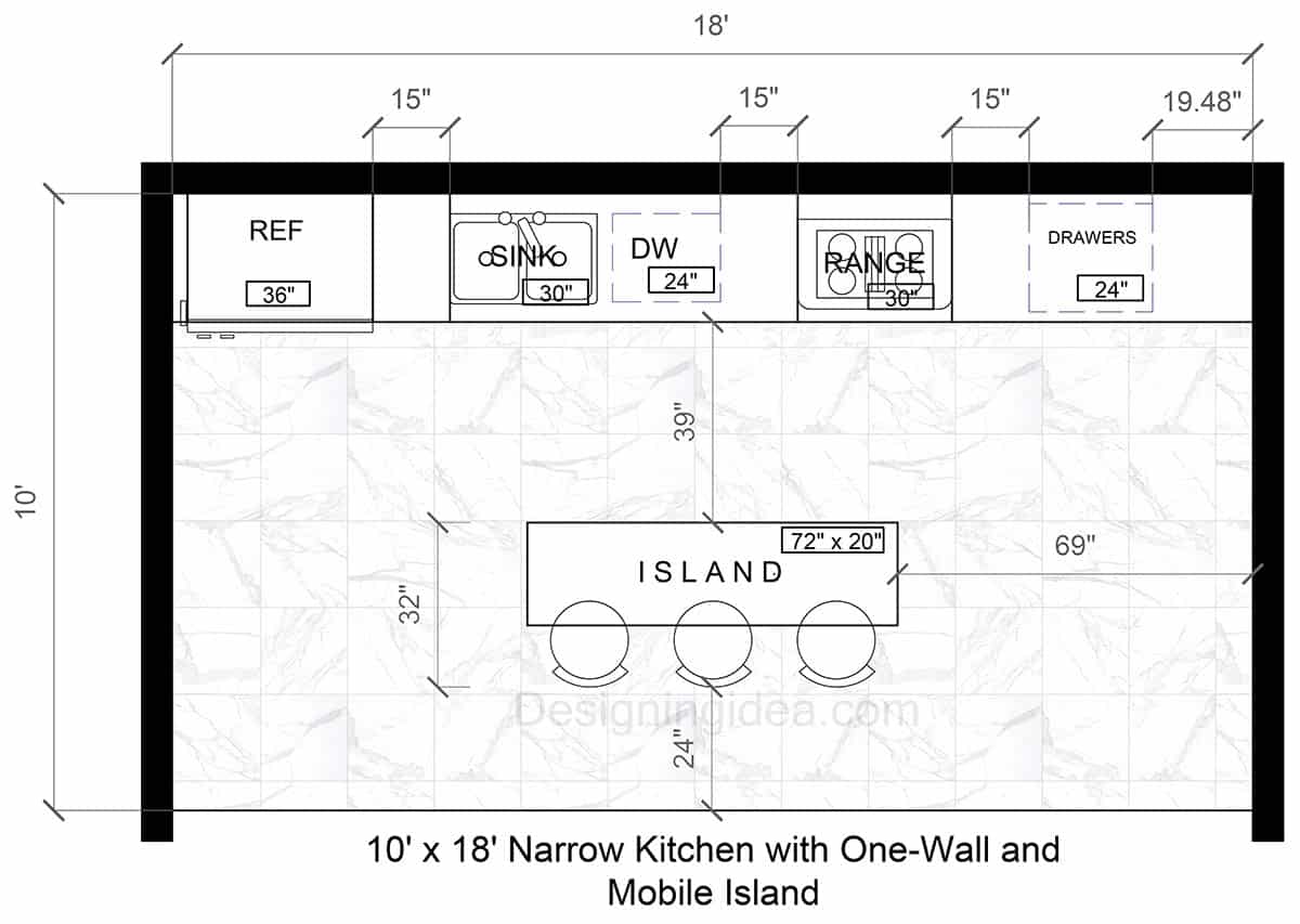 10x18 Narrow Kitchen Design With Single Line Cabinets And Mobile Island