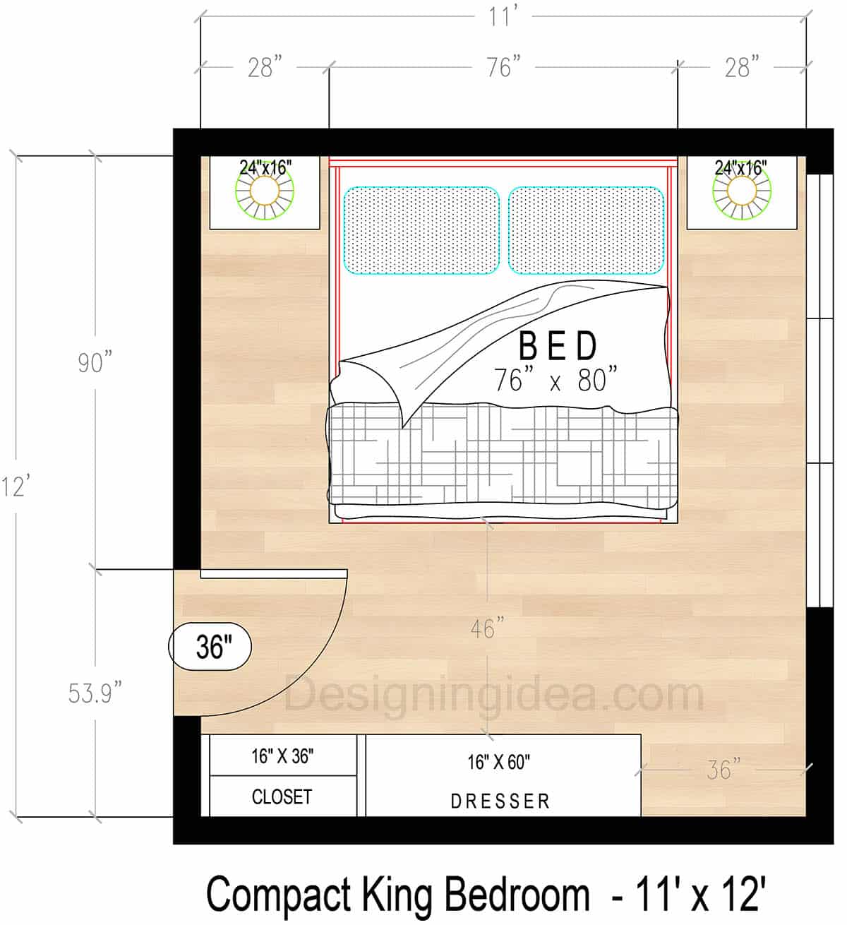 11x12 Compact Bedroom Layout With King Bed&nbsp;