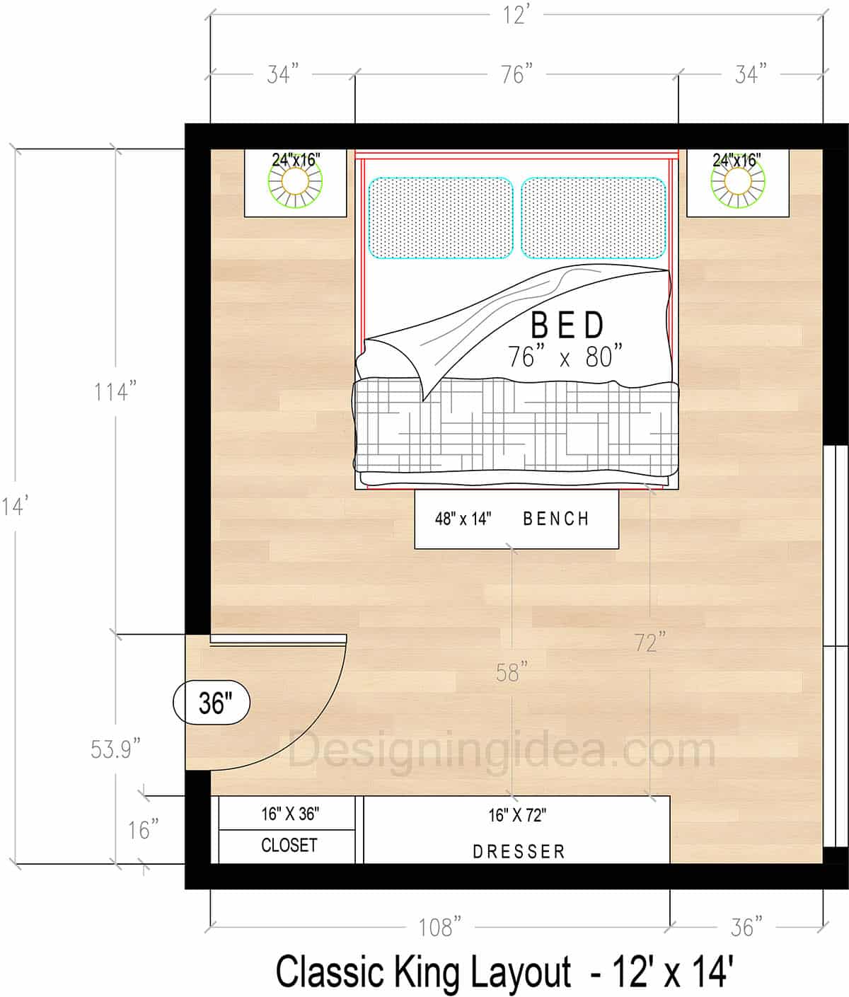 12x14 Bedroom Floor Plan With Classic King&nbsp;