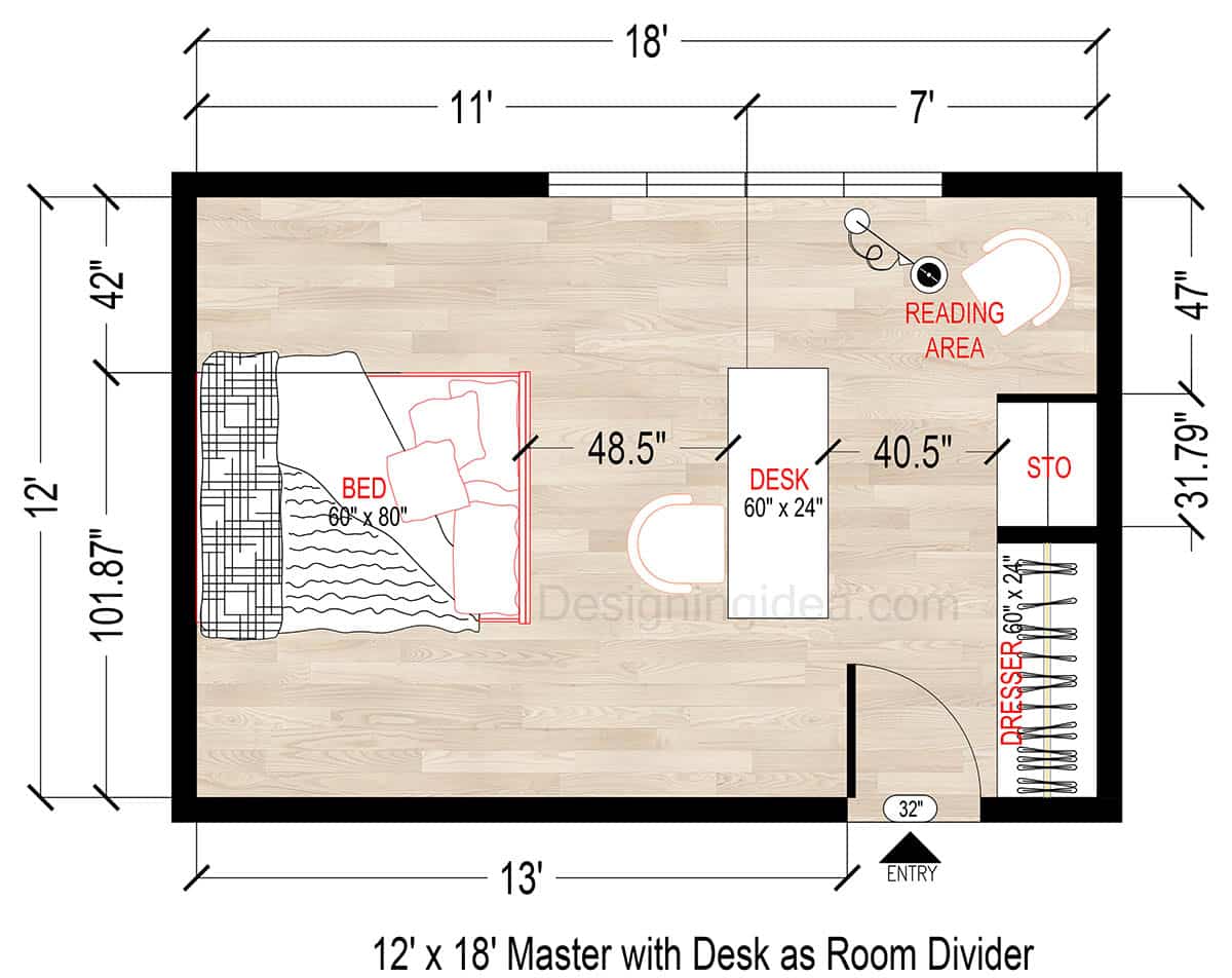 12x18 Primary Bedroom With Desk as Room Divider Floor Plan