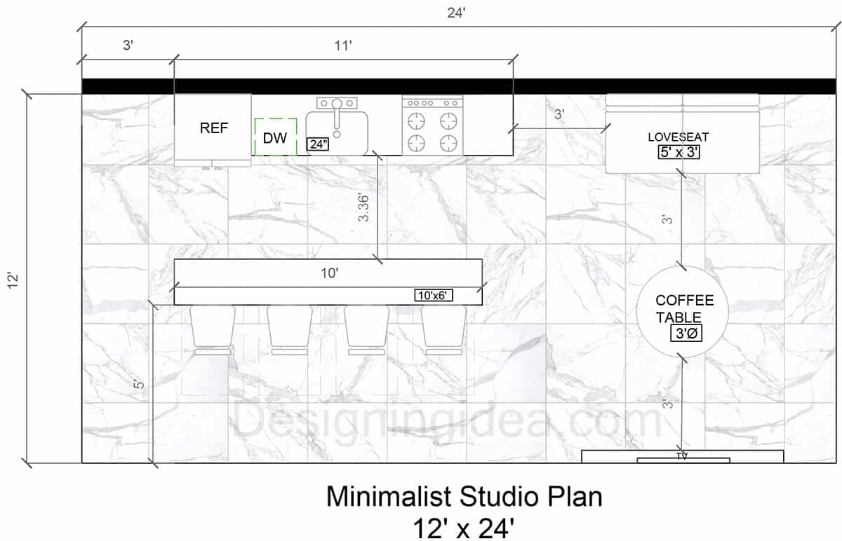 12x24 Minimalist Studio Plan with Galley Kitchen and Small Sitting Area