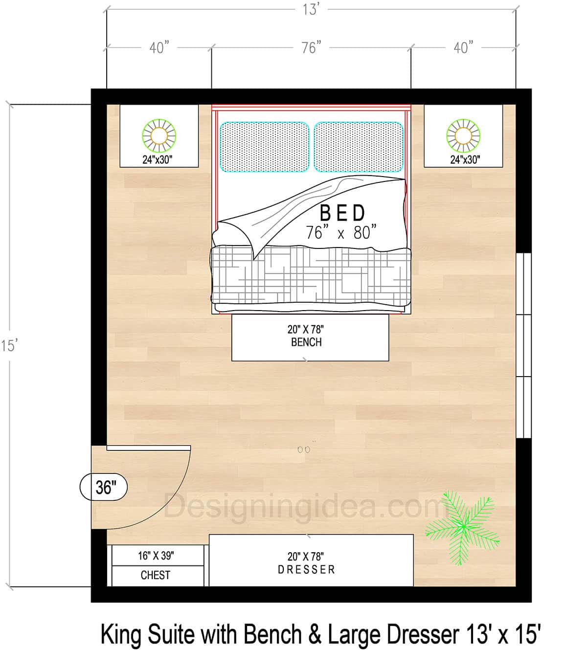13x15 King Bedroom Suite Layout with Bench & Large Dresser&nbsp;