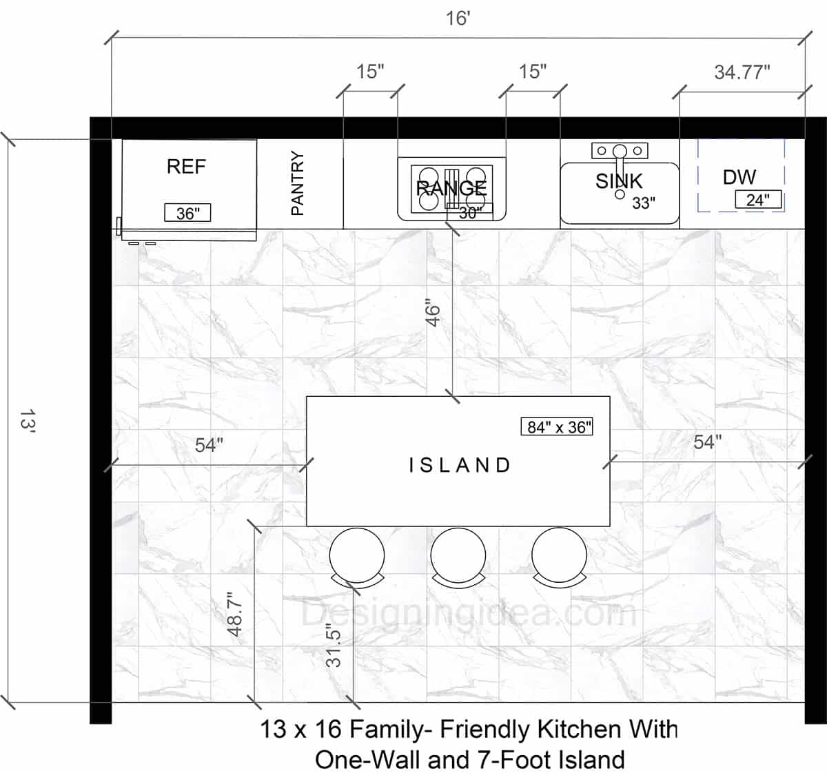 13x16 Family-Friendly Kitchen Floor Plan With Single Wall And 7-Foot Island