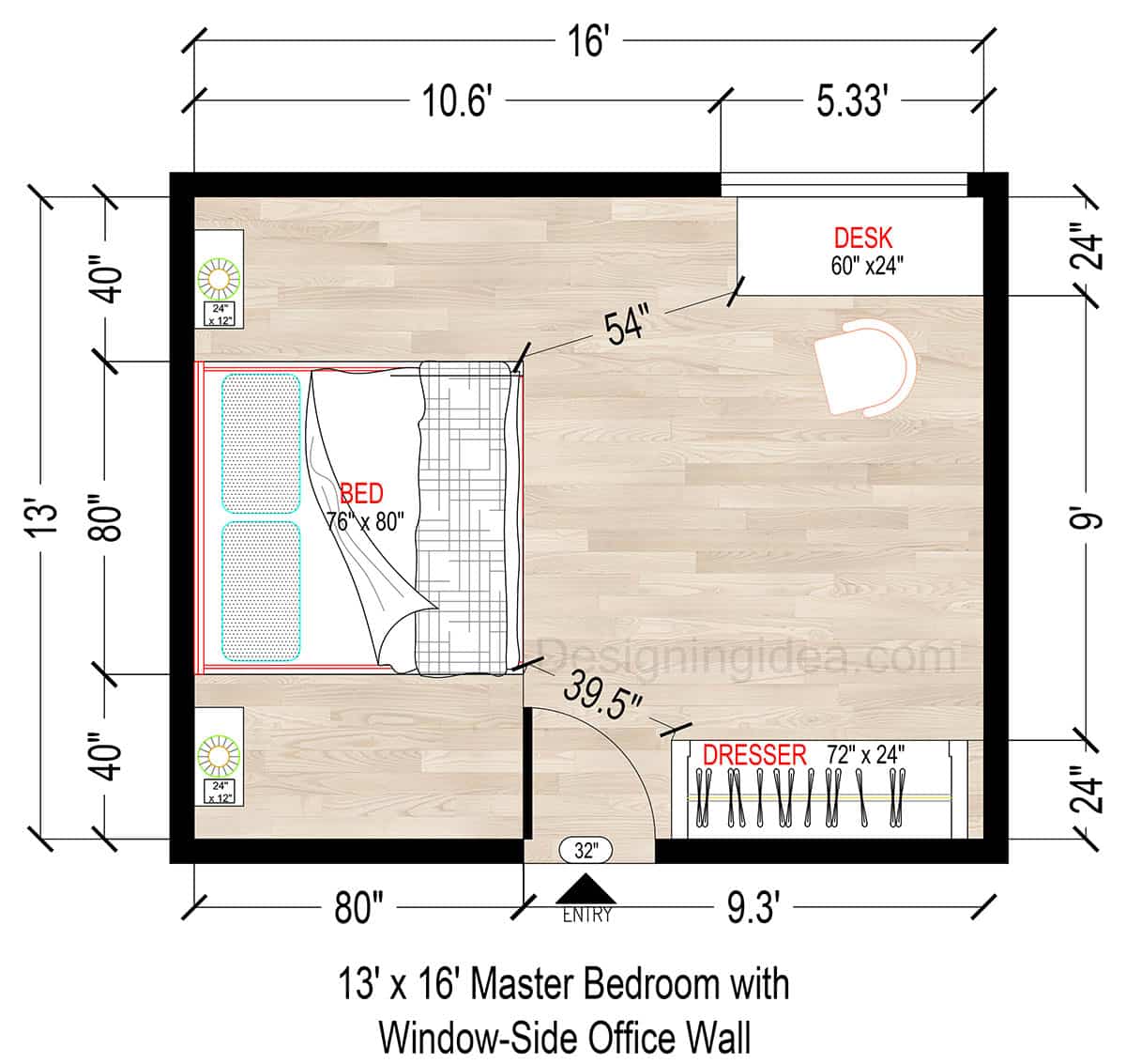 13x16 Master Bedroom Layout With Window-Side Office Wall