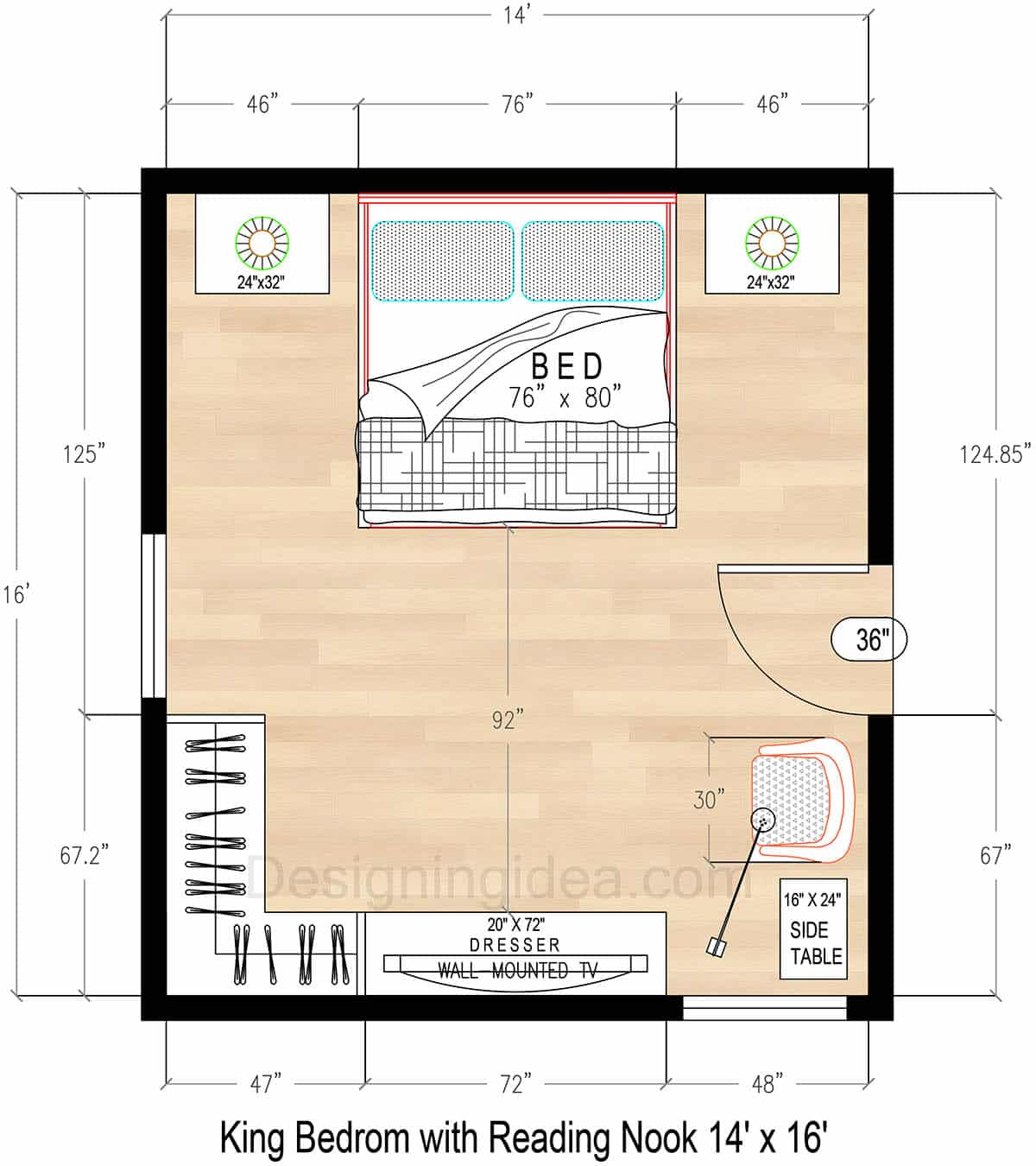 14x16 King Bedroom Floor Plan with Reading Nook&nbsp;