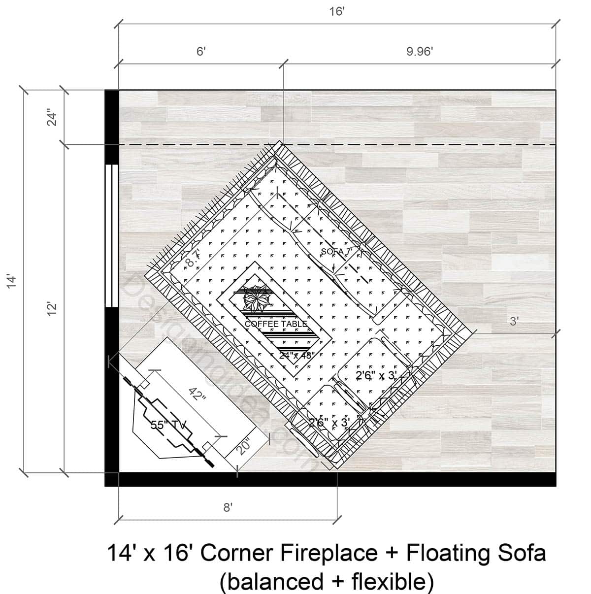 14x16 Living Room Layout with Corner Fireplace & Floating Sofa&nbsp;