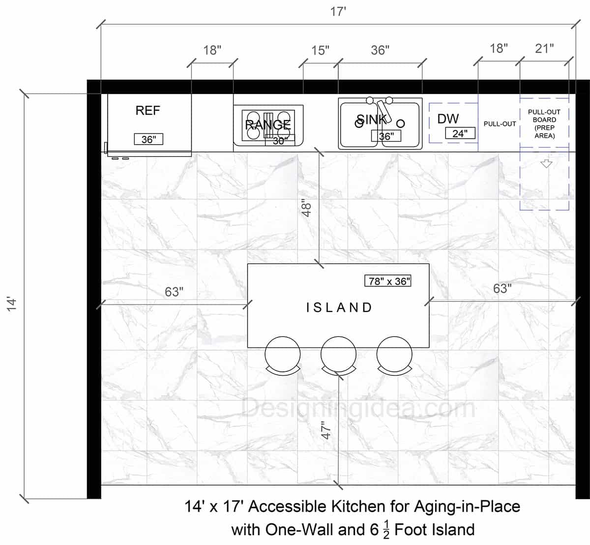 14x17 Accessible Kitchen Design For Aging-in-Place With One-Wall Cabinets And 6½-Foot Island