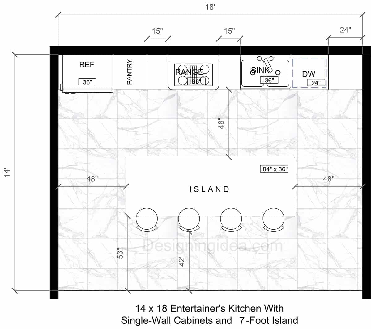 14x18 Entertainer’s Kitchen Floor Plan With Single Wall Cabinets And 7-Foot Island