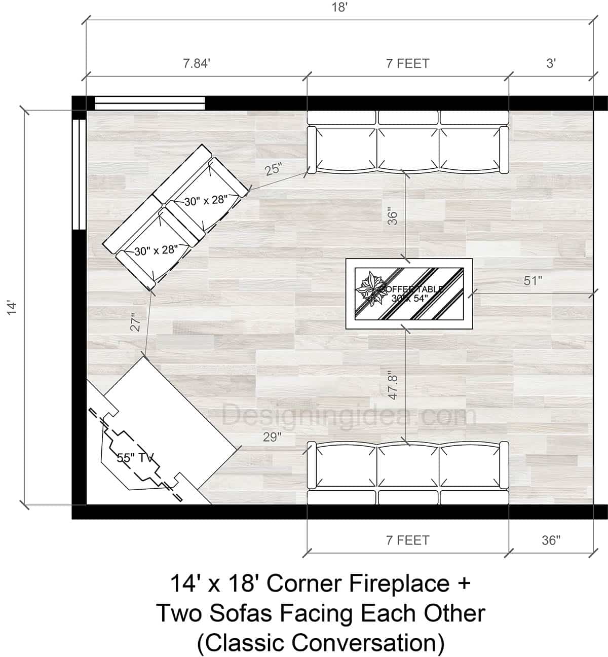 14x18 Room With Fireplace in the Corner & Two Sofa Floor Plan