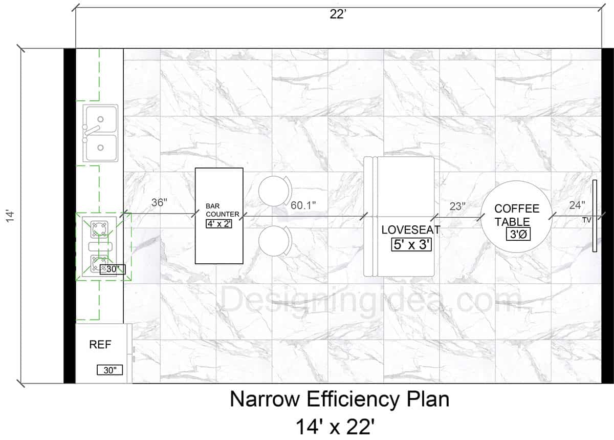 14x22 Narrow Efficiency Kitchen & Living Design Plan&nbsp;