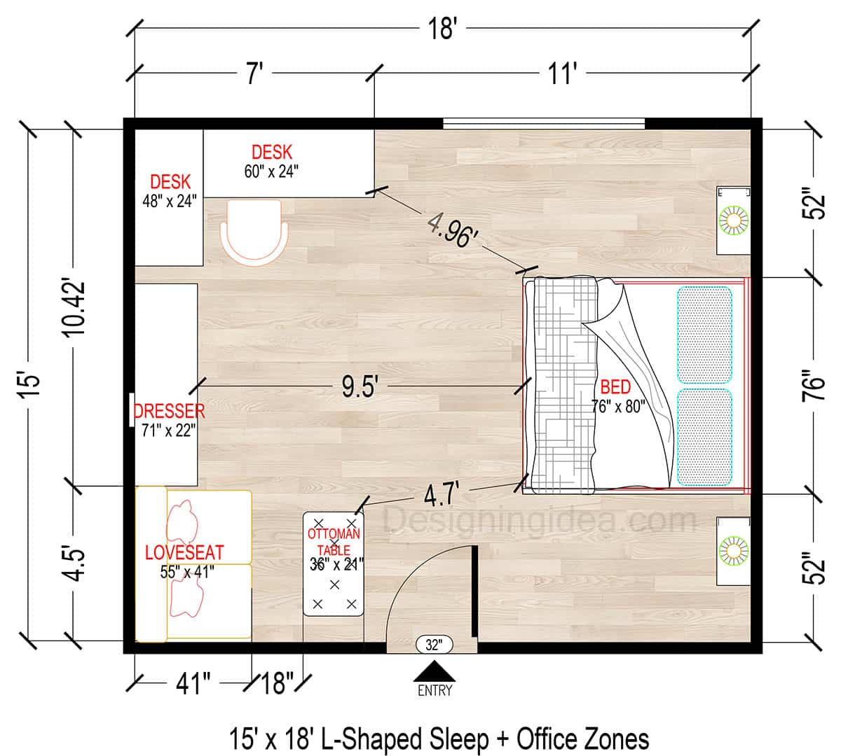 15x18 L-Shaped Sleep & Office Bedroom Design