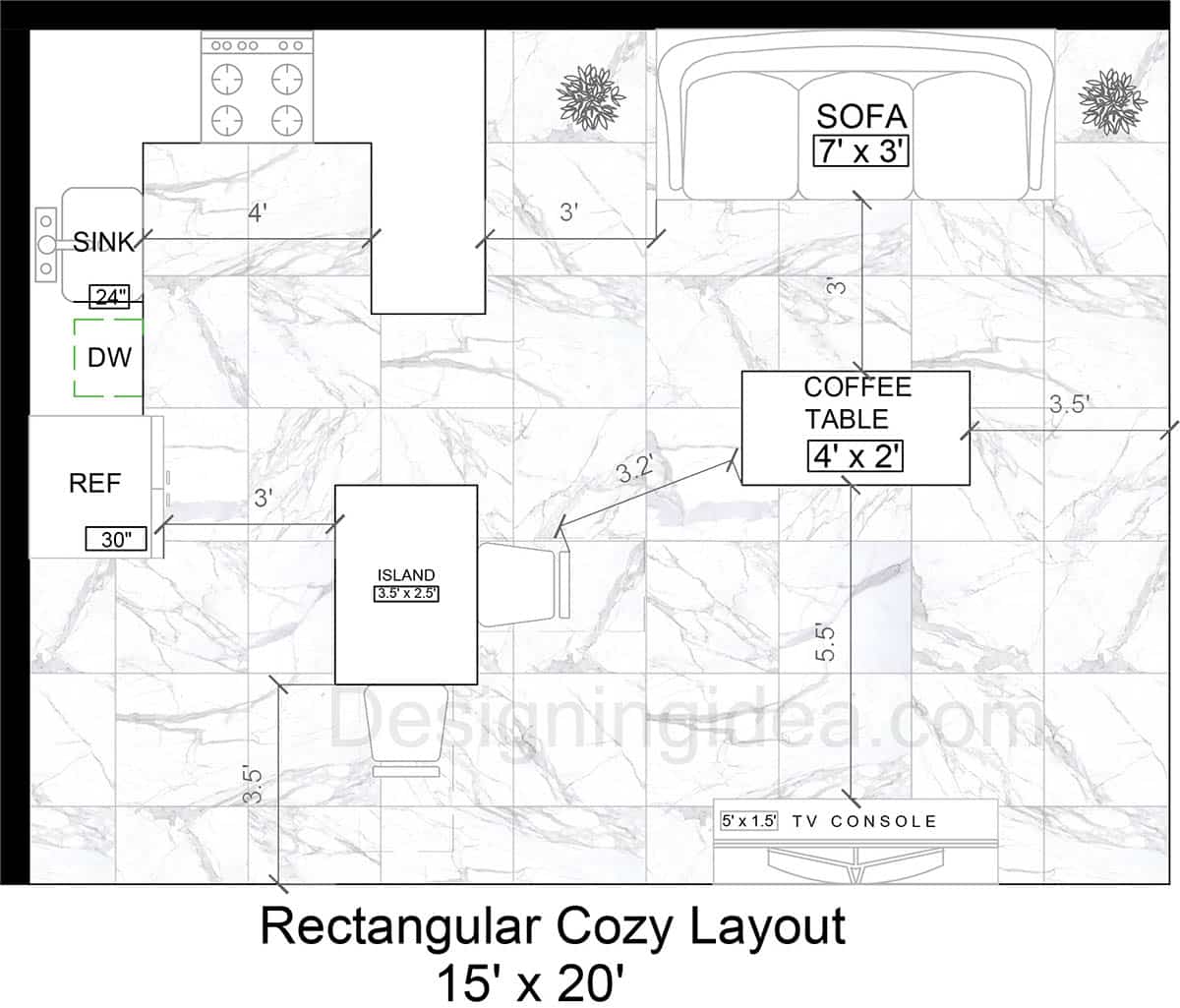 15x20 Combined Cozy Kitchen With Rectangular Living Space Layout&nbsp;