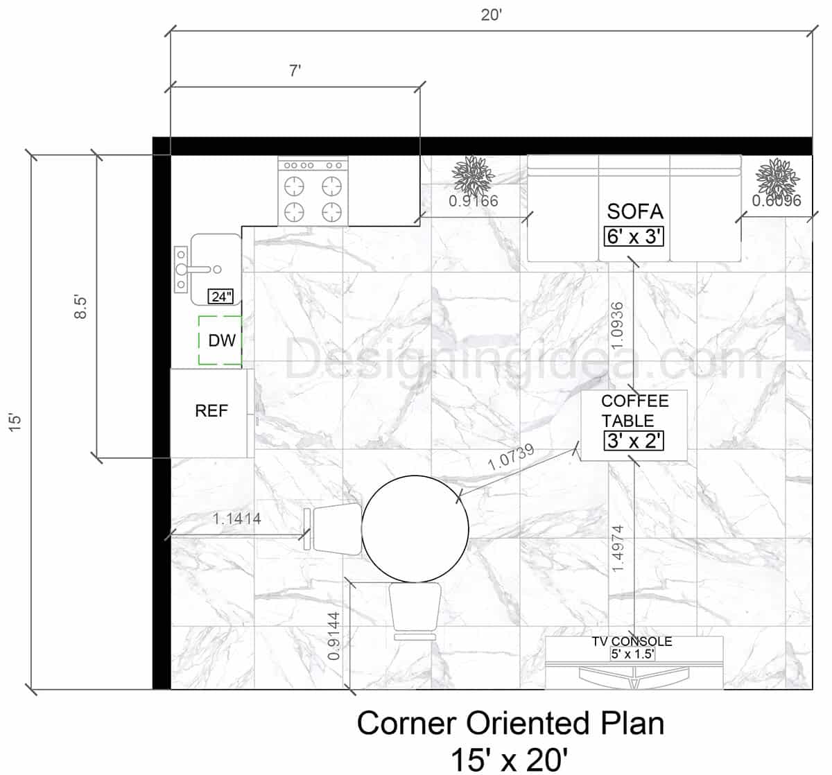 15x20 Corner-Oriented Open Plan Kitchen with Dining And Living Area