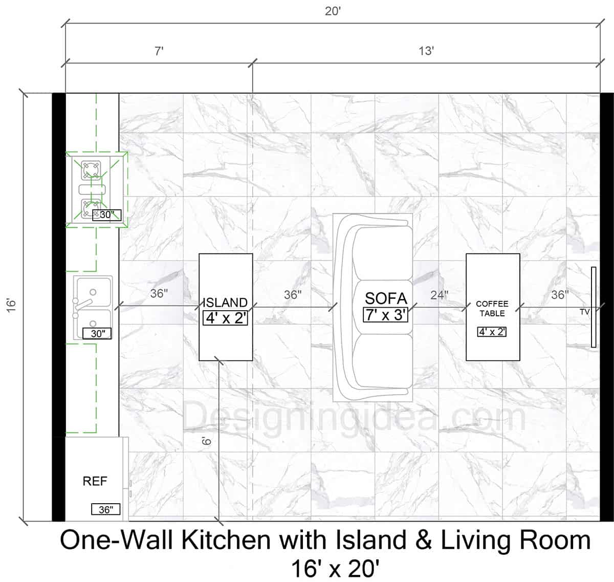 16x20 One-Wall Kitchen With&nbsp;Island And Open Concept Living Room Layout