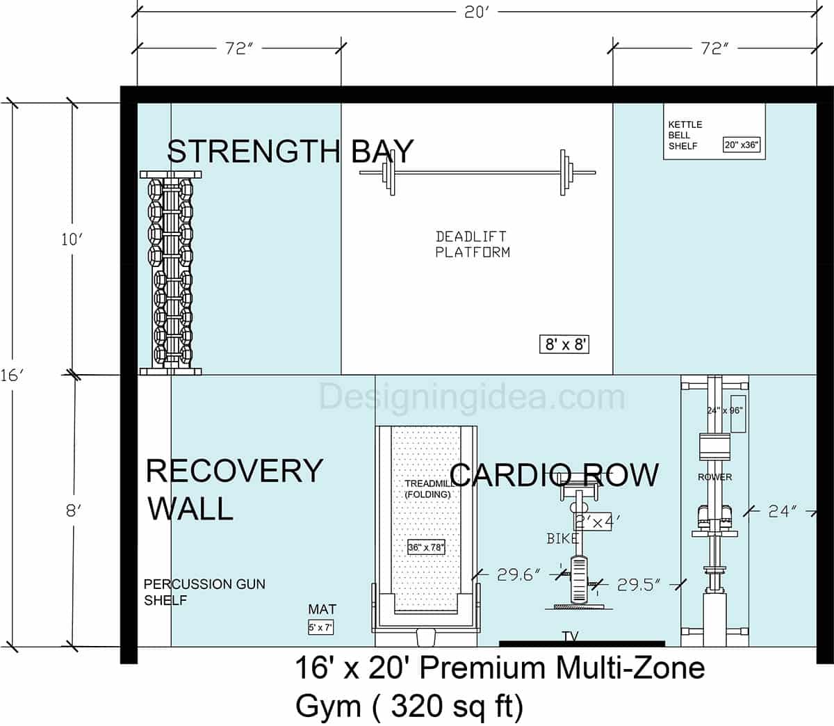 16' x 20' Premium Multi-Zone Gym Floor Plan