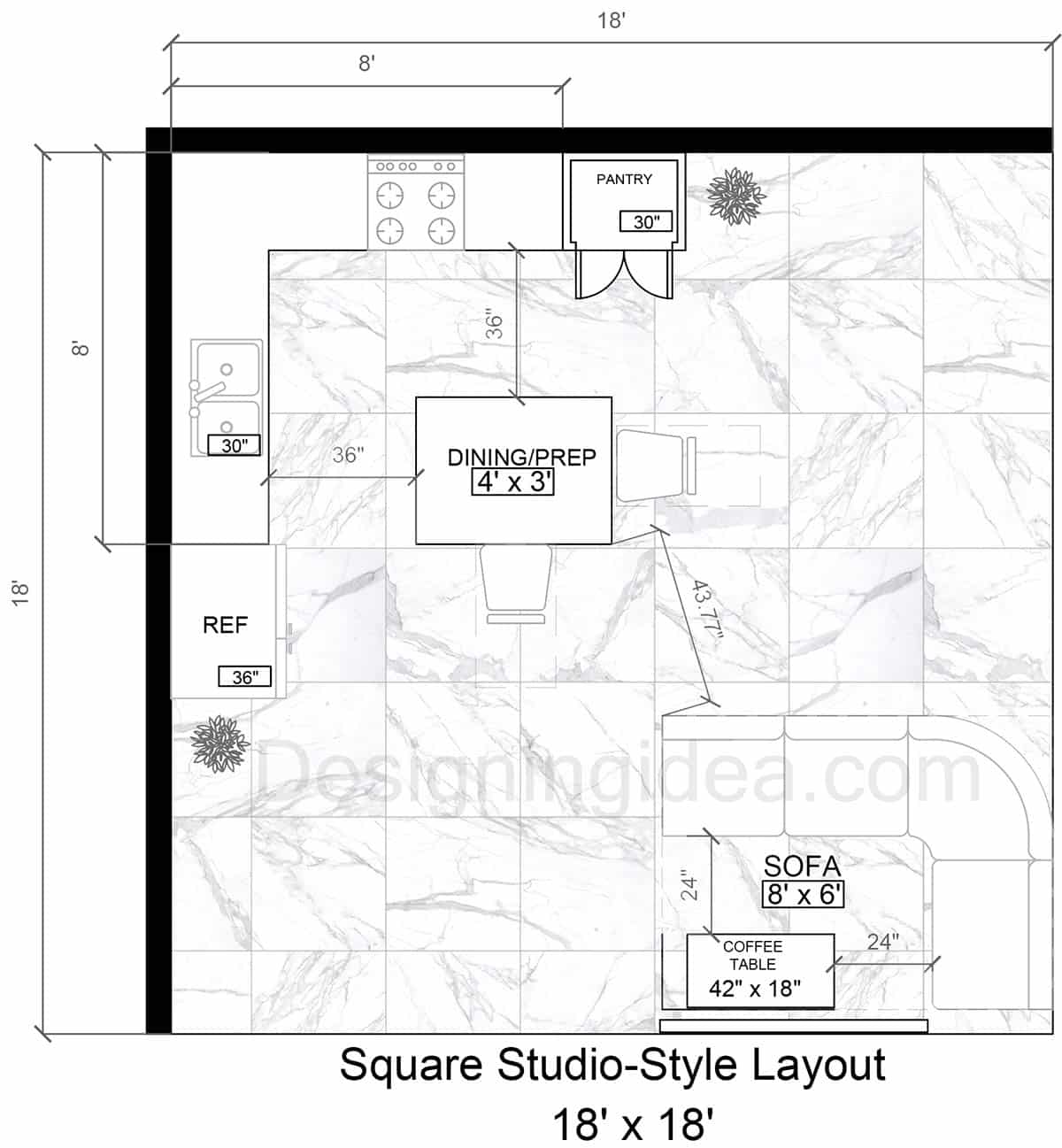 18x18 Square Studio-Style Apartment Kitchen & Living Area Floor Plan