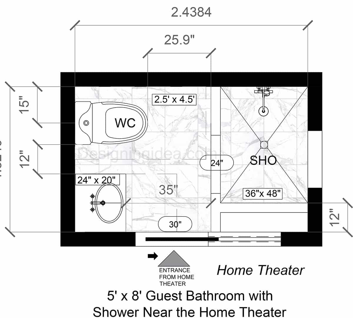 5x8 Basement With Guest Bathroom With Shower Near The Home Theater Design