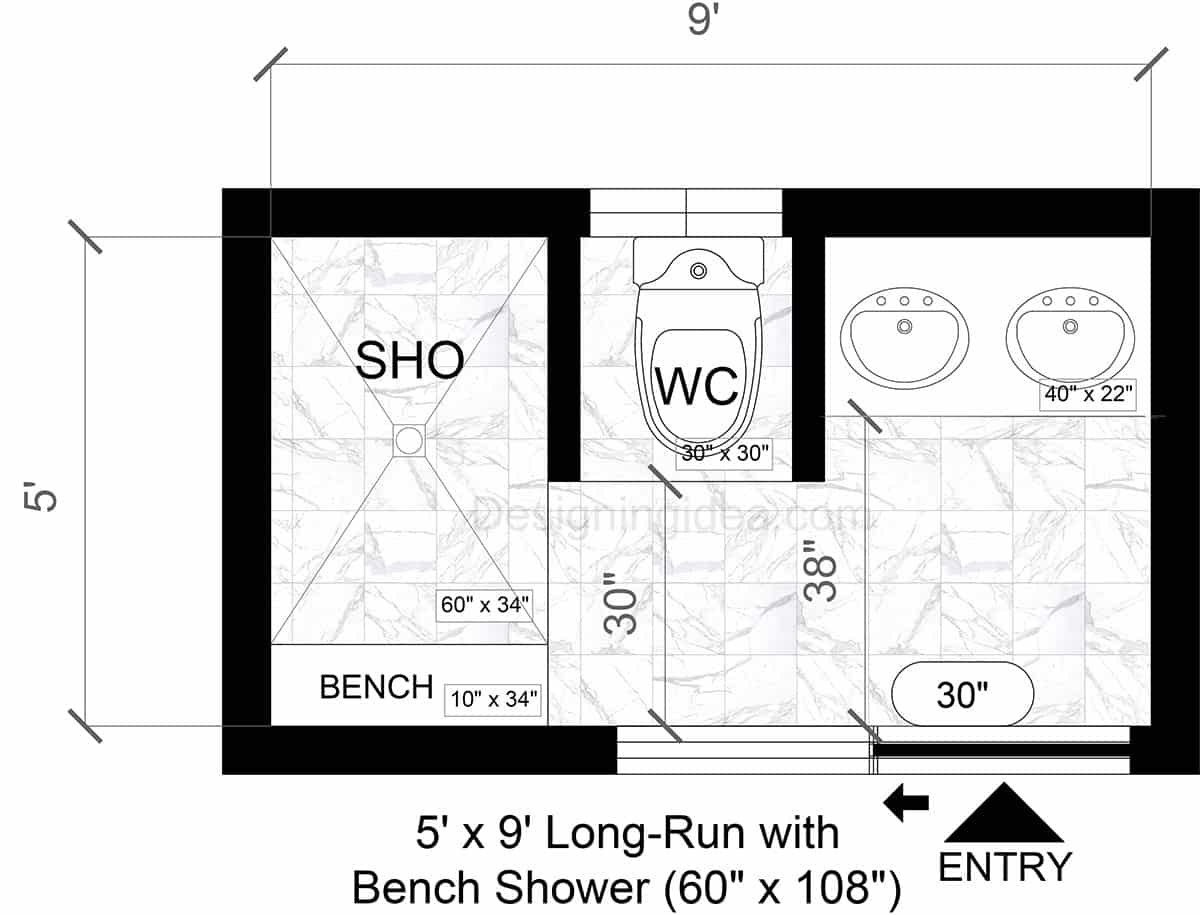 5x9 Long-Run Bathroom Design with Bench Shower&nbsp;