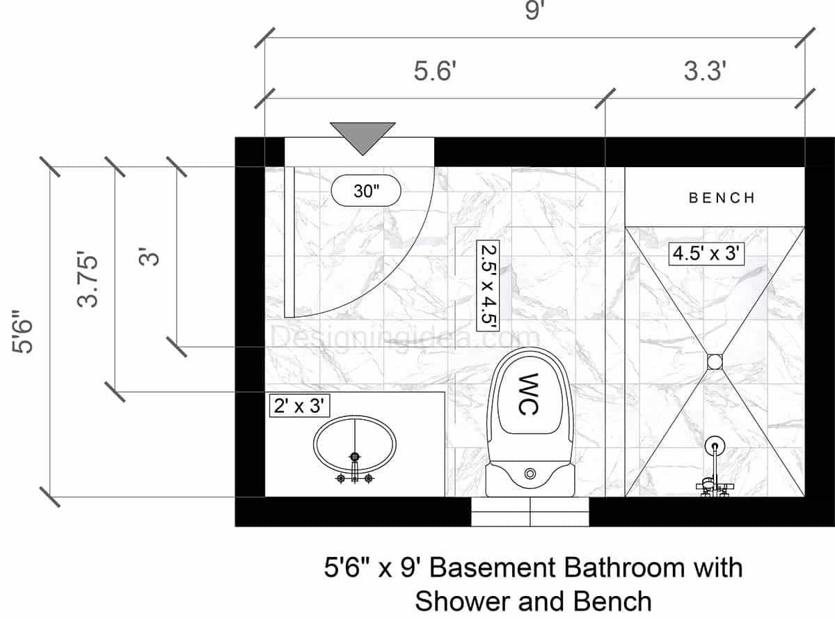 5x9 Small Bathroom Floor Plan With Shower And Bench In The Basement&nbsp;