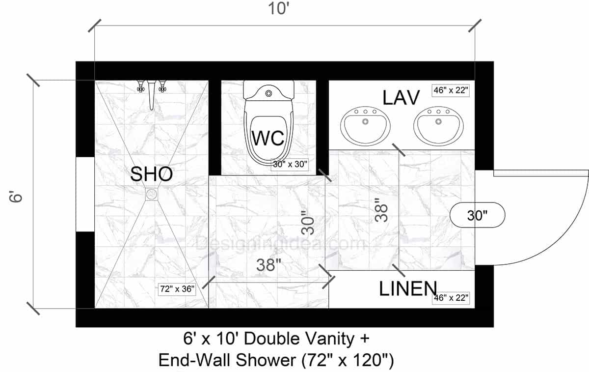 6x10 Bathroom With Double Vanity and End-Wall Shower Design