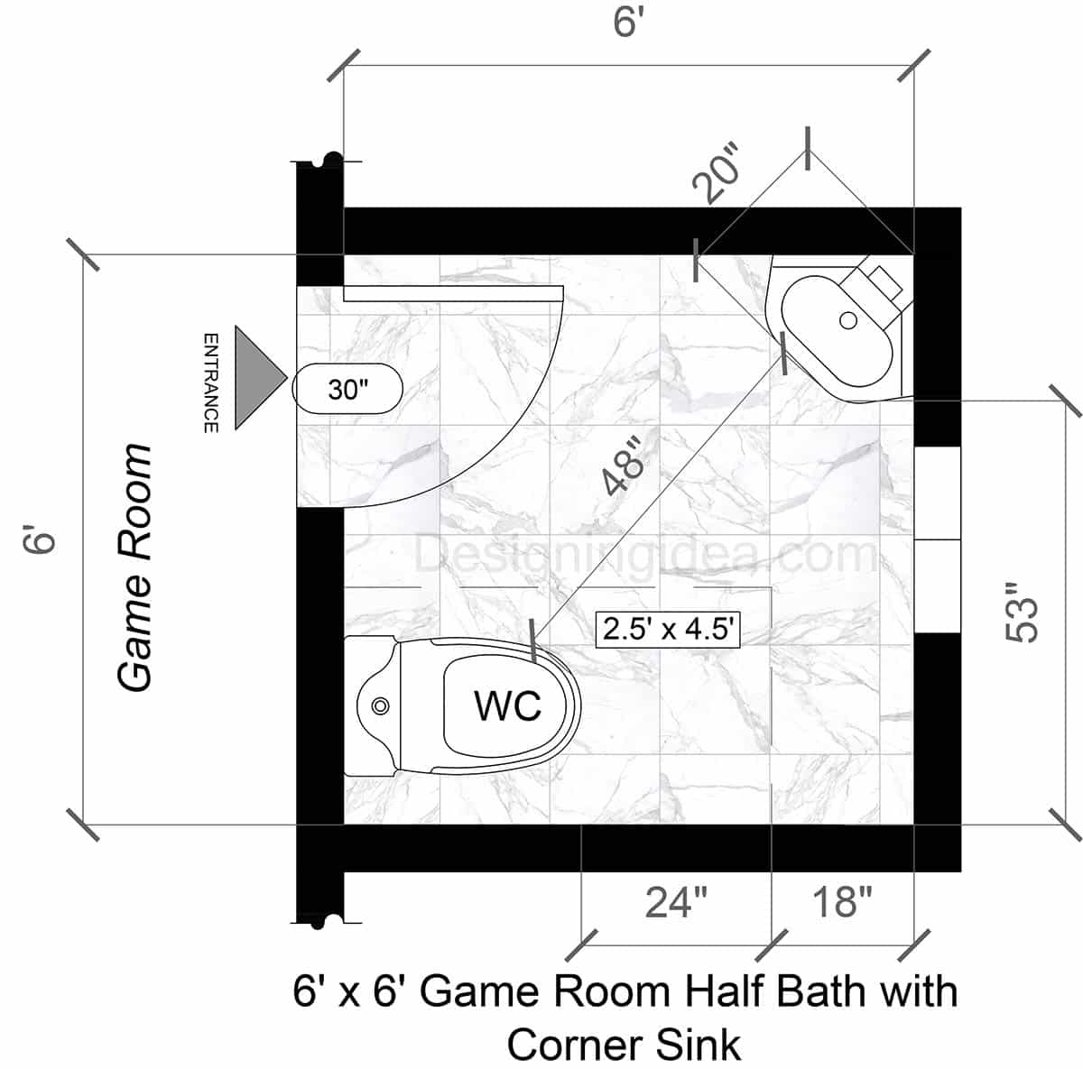 6x6 Game Room Half Bath Layout With A Corner Sink&nbsp;