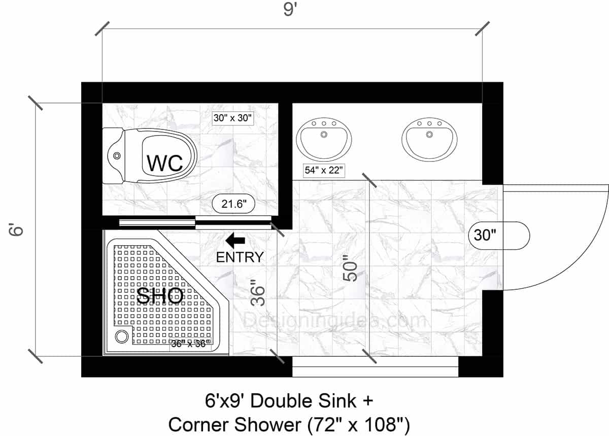 6x9 Bathroom With Double-Sink and Corner Shower Floor Plan