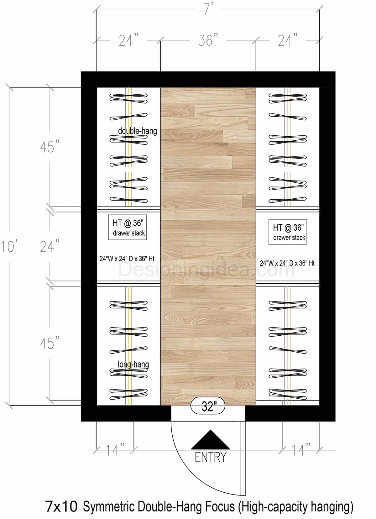 7x10 Symmetrical Galley Closet with Double-Hang Focus Floor Plan