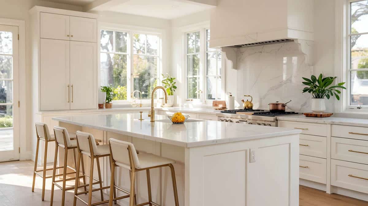 Bright white cabinet kitchen with quartz slab backsplash and countertops